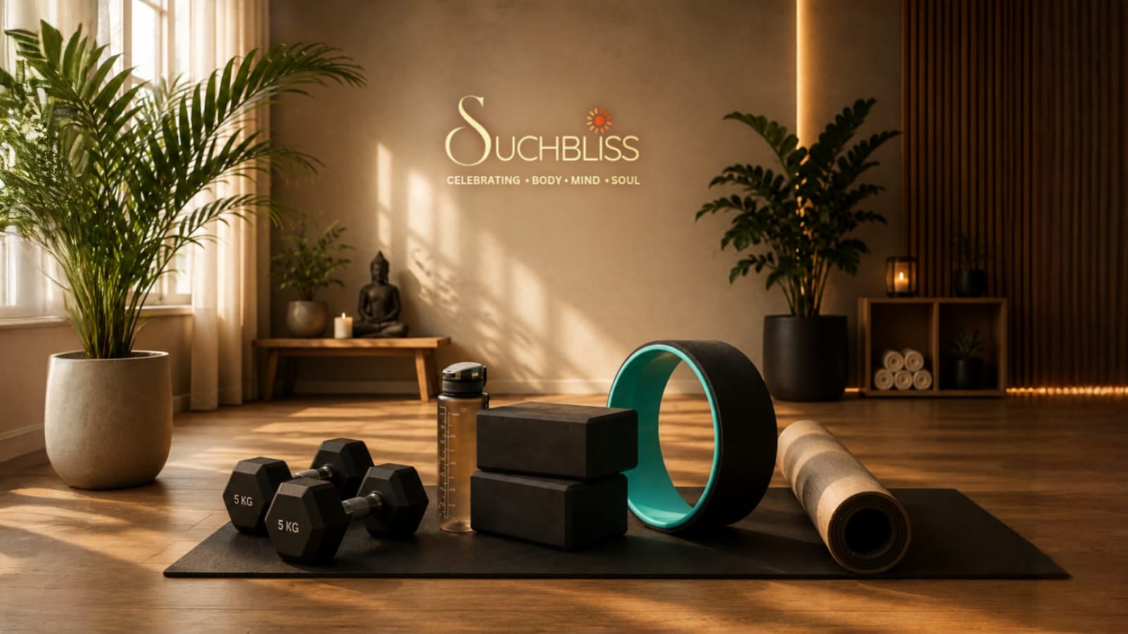 Yoga mat, blocks, and wheel on grass